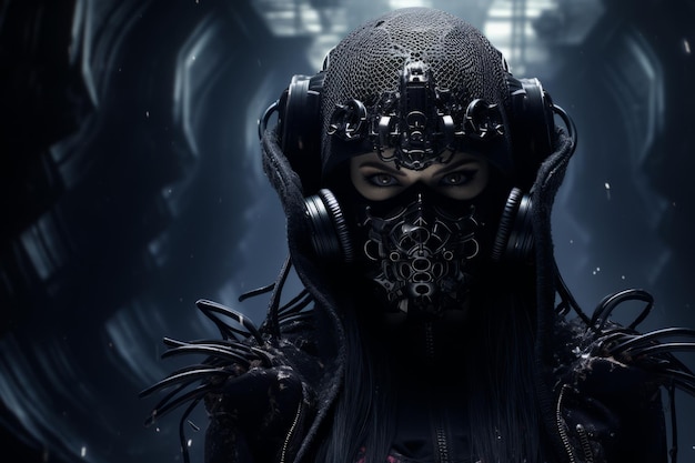 een vrouw met een futuristisch masker met donker haar