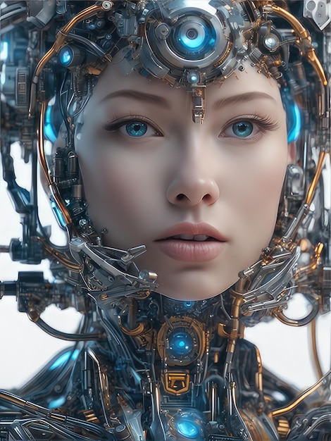 een vrouw met een futuristische helm en een futuristisch gezicht