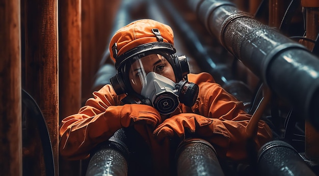 Een vrouw met een gasmasker zit in een fabriek