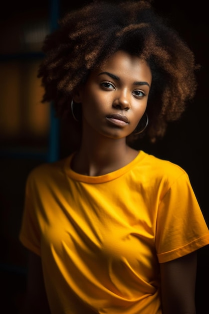 Een vrouw met een geel shirt waarop 'zwart meisje' staat