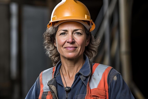 een vrouw met een gele harde hoed draagt een oranje harde hoed