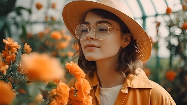 Een vrouw met een gele hoed en een bril staat in een tuin met bloemen.