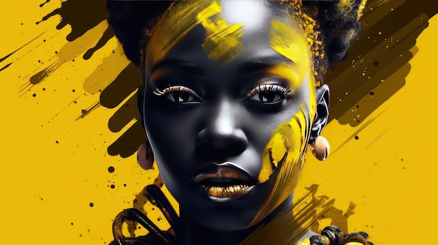 Een vrouw met een gele huid en goudverf op haar gezicht