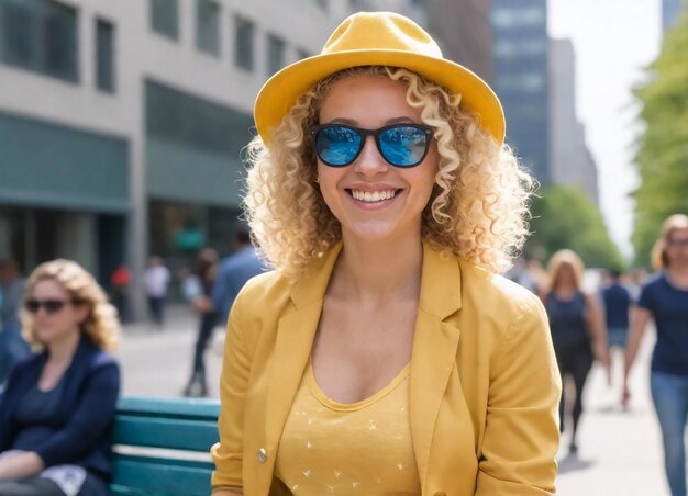 een vrouw met een gele jas en een zonnebril draagt een gele jas
