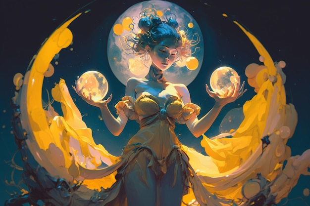 Een vrouw met een gele jurk en een maan op de achtergrond.