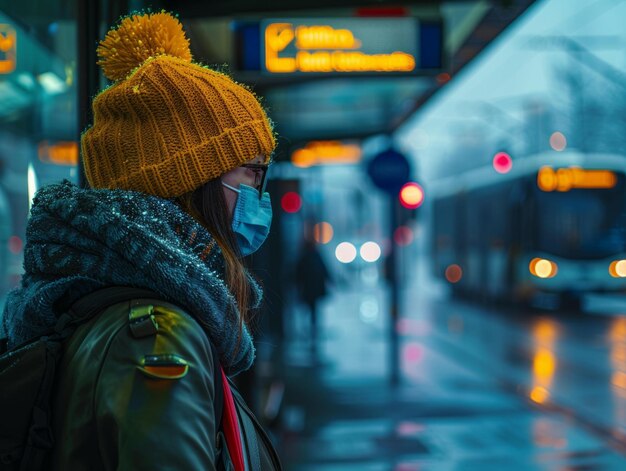 Foto een vrouw met een gele pet en een masker wacht op de bus.