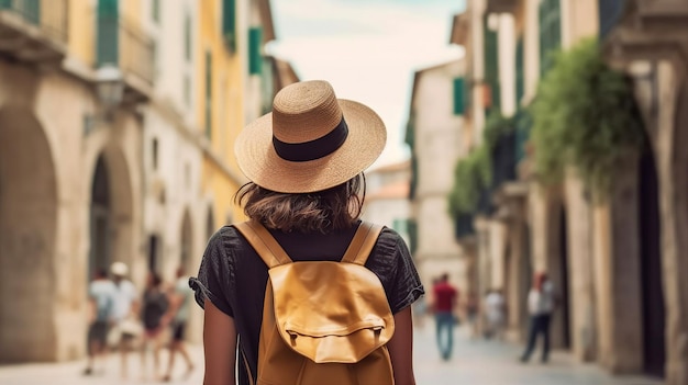 Een vrouw met een gele rugzak loopt door een straat in Italië.