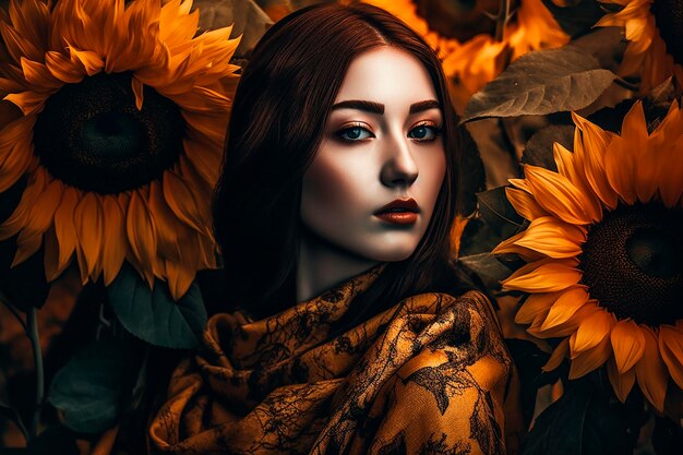 Een vrouw met een gele sjaal en gele zonnebloemen