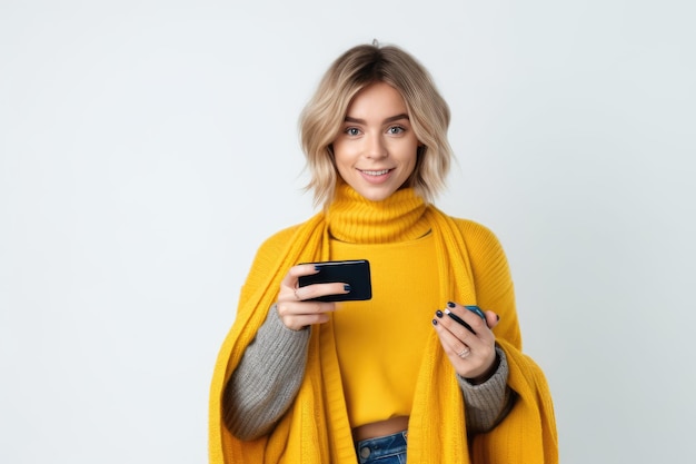 Een vrouw met een gele sjaal heeft een telefoon in haar handen