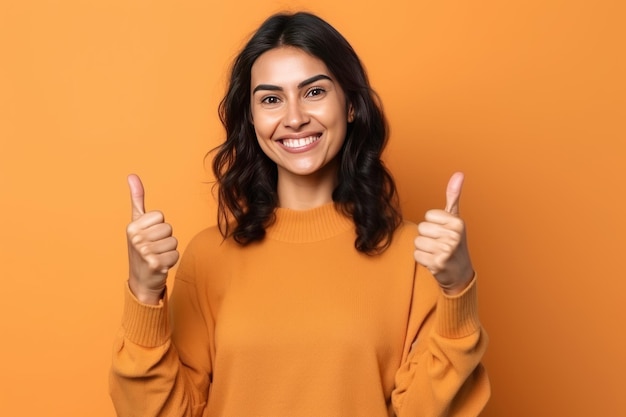 Een vrouw met een gele trui steekt haar duim omhoog op een oranje achtergrond.