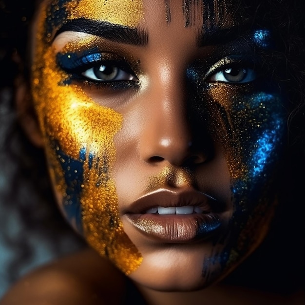 een vrouw met een gezicht beschilderd met de woorden "gloed" op haar gezicht.