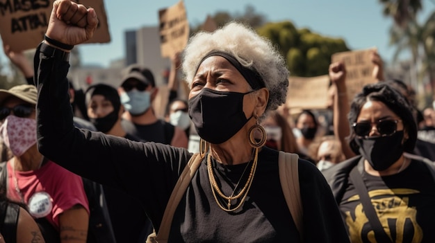 Een vrouw met een gezichtsmasker en een zwart shirt houdt een bord vast met de tekst 'wij zijn de mensen'