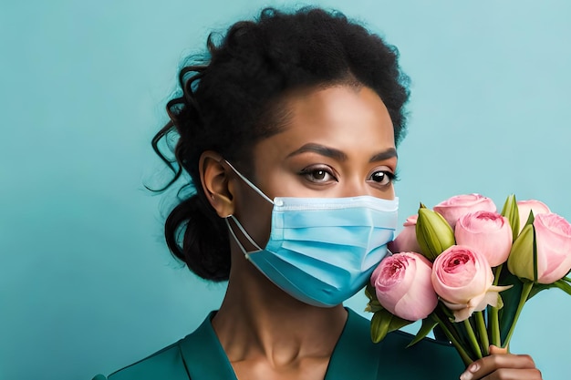 Een vrouw met een gezichtsmasker houdt bloemen voor haar gezicht.