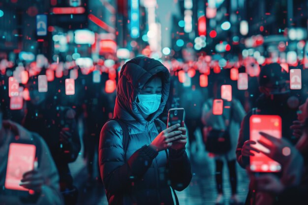 Een vrouw met een gezichtsmasker is geabsorbeerd in haar mobiele telefoon en toont een weerspiegeling van het moderne digitale tijdperk te midden van veiligheidsmaatregelen