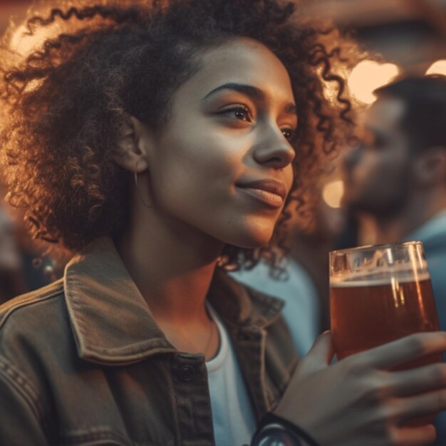 Een vrouw met een glas bier voor een bar met mensen op de achtergrond.