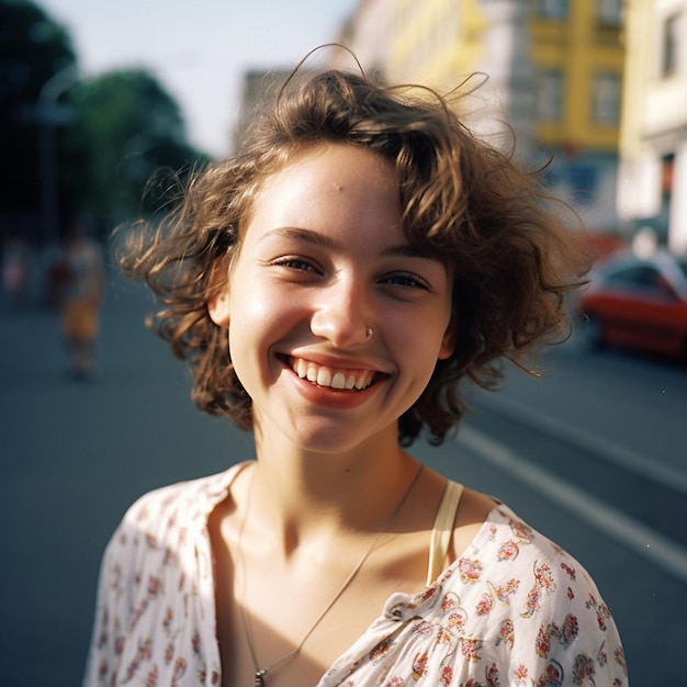 Een vrouw met een glimlach op haar gezicht lacht.