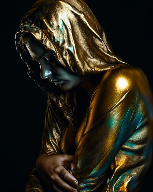 Een vrouw met een gouden en blauwe hoodie kijkt naar beneden