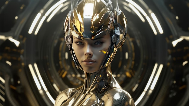Een vrouw met een gouden helm en een helm met het woord robot erop.