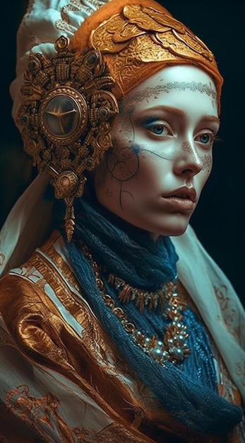 Een vrouw met een gouden hoofdtooi en een gouden hoofdtooi.