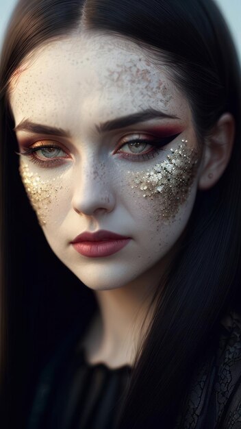 Een vrouw met een gouden make-up en zwart haar en een zwarte jurk met een gouden glitter op haar gezicht.