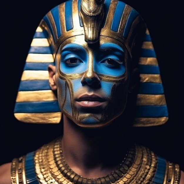 een vrouw met een gouden masker en de blauwe en gouden verf staat voor een gouden en blauwe gestreepte piramide.