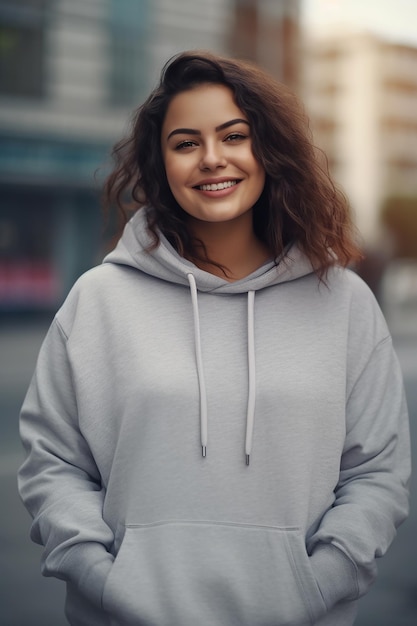 Een vrouw met een grijze hoodie met het woord erop