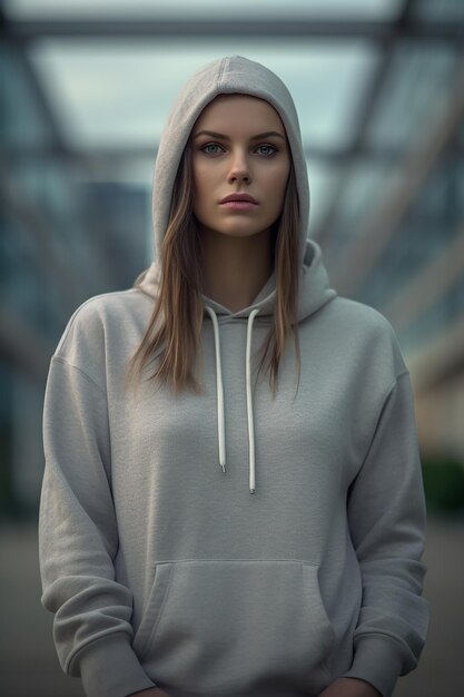 Een vrouw met een grijze hoodie