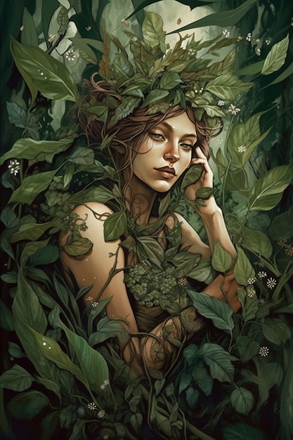 Een vrouw met een groen blad op haar hoofd en een boom in het midden.