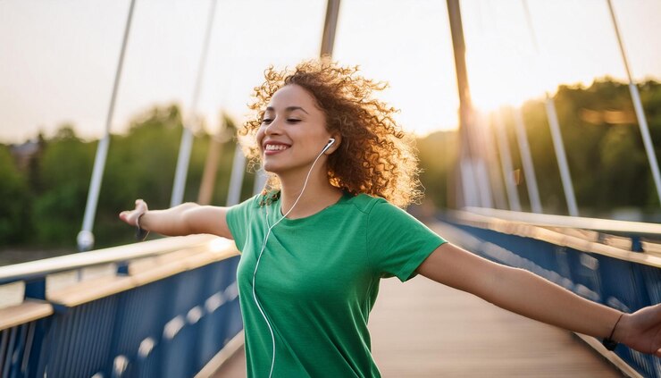Foto een vrouw met een groen shirt die zegt dat ik van je hou op een brug