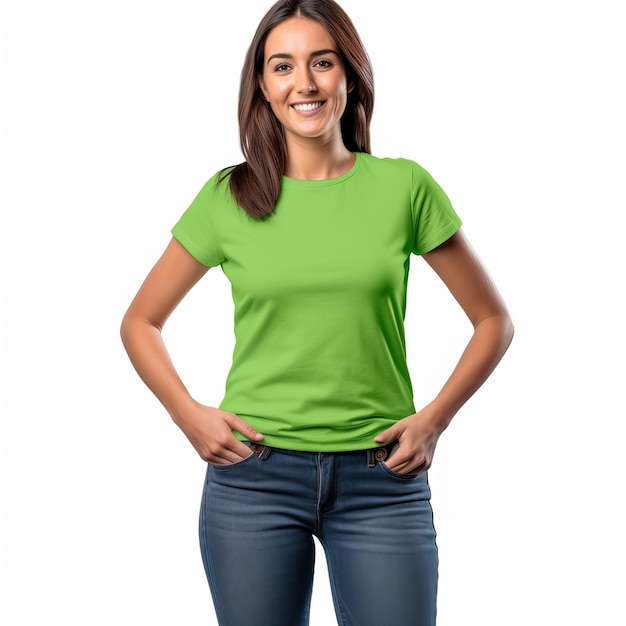 Een vrouw met een groen T-shirt waarop staat 'Ik hou van je'