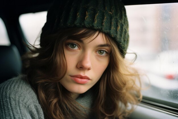 een vrouw met een groene hoed op de achterbank van een auto
