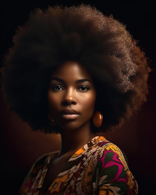 Een vrouw met een grote afro op haar gezicht