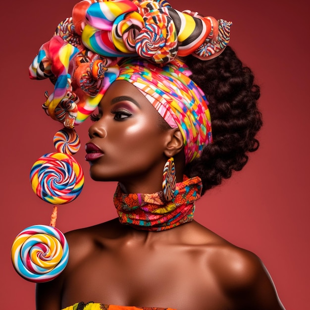 Een vrouw met een grote kleurrijke lolly op haar hoofd