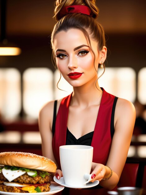 Een vrouw met een hamburger en een kopje koffie