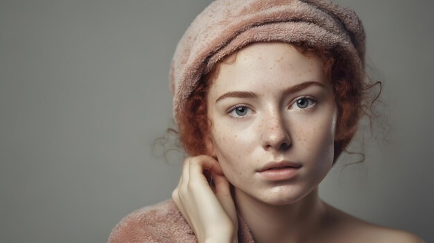 Een vrouw met een handdoek op haar hoofd draagt een roze handdoek.