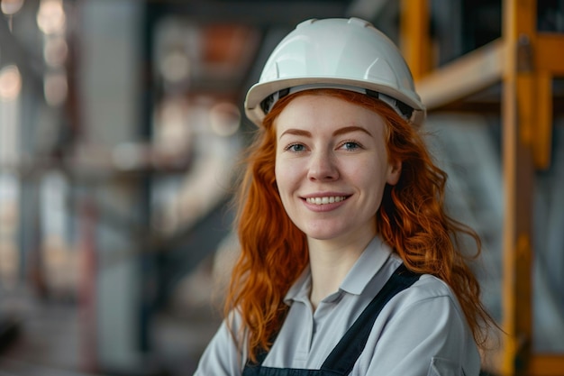 een vrouw met een harde hoed glimlacht naar de camera