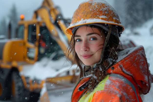 een vrouw met een harde hoed staat in de sneeuw