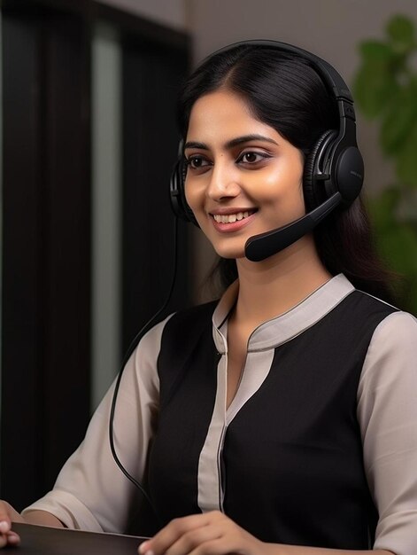 een vrouw met een headset die voor een computer zit