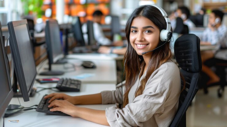 Een vrouw met een headset zit bij haar computer en concentreert zich op werk of communicatie