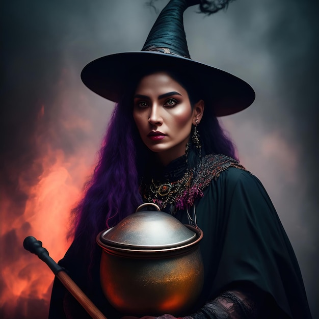 Een vrouw met een heksenhoed en een pot met een groot handvat staat voor een vuur.