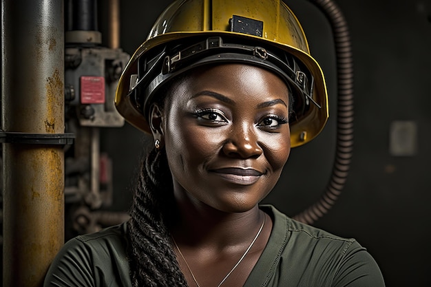 Een vrouw met een helm en een groen overhemd staat voor een machine die zegt 'ik ben een vrouw'