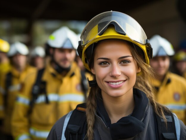 Foto een vrouw met een helm en een helm met andere mensen op de achtergrond