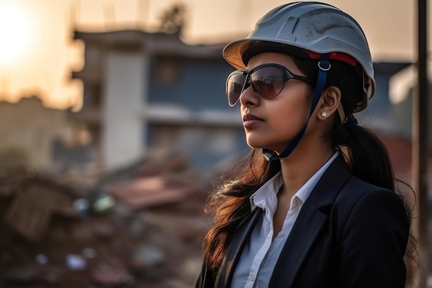 Een vrouw met een helm en een zonnebril staat voor een gebouw