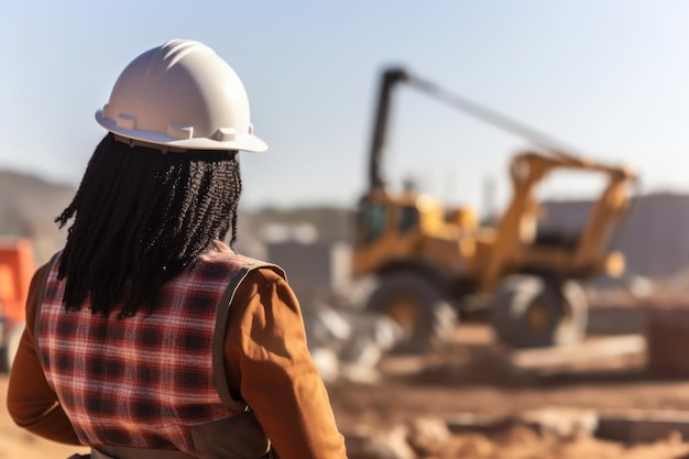 Een vrouw met een helm op kijkt naar een bouwplaats