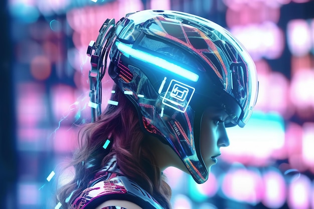 Een vrouw met een helm op met het woord cyberpunk erop.