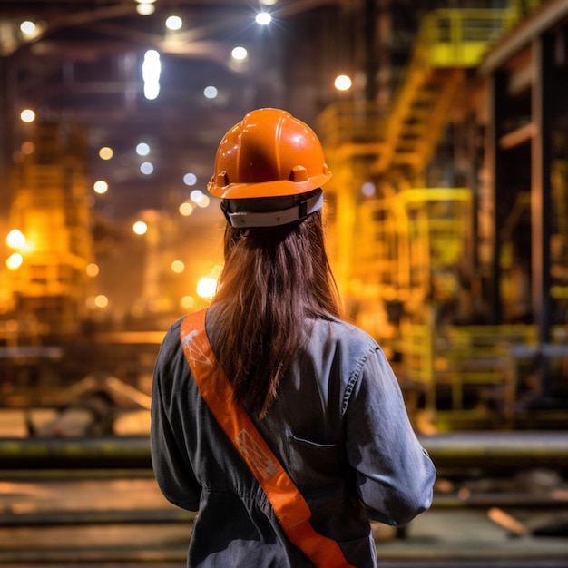 Een vrouw met een helm op staat in een groot industrieel gebouw.