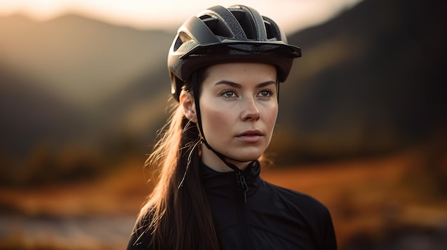 Een vrouw met een helm op staat in een veld.