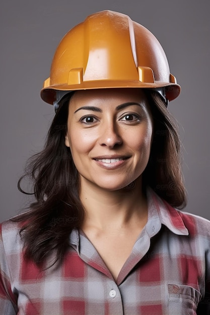 Een vrouw met een helm op waarop staat "ze draagt"