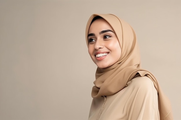 Een vrouw met een hijab en een beige sjaal