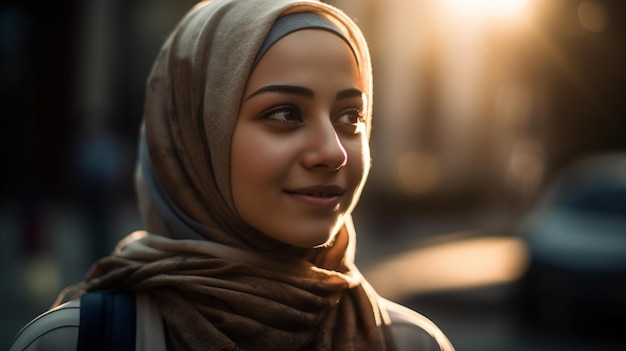 Een vrouw met een hijab en een sjaal kijkt in de camera.